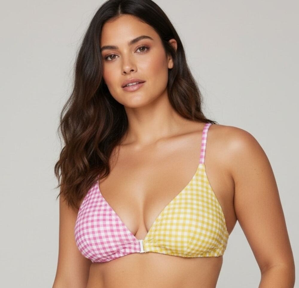 AQUA Color Block Gingham Bikini Swim Top Pink Yellow XL NWT
